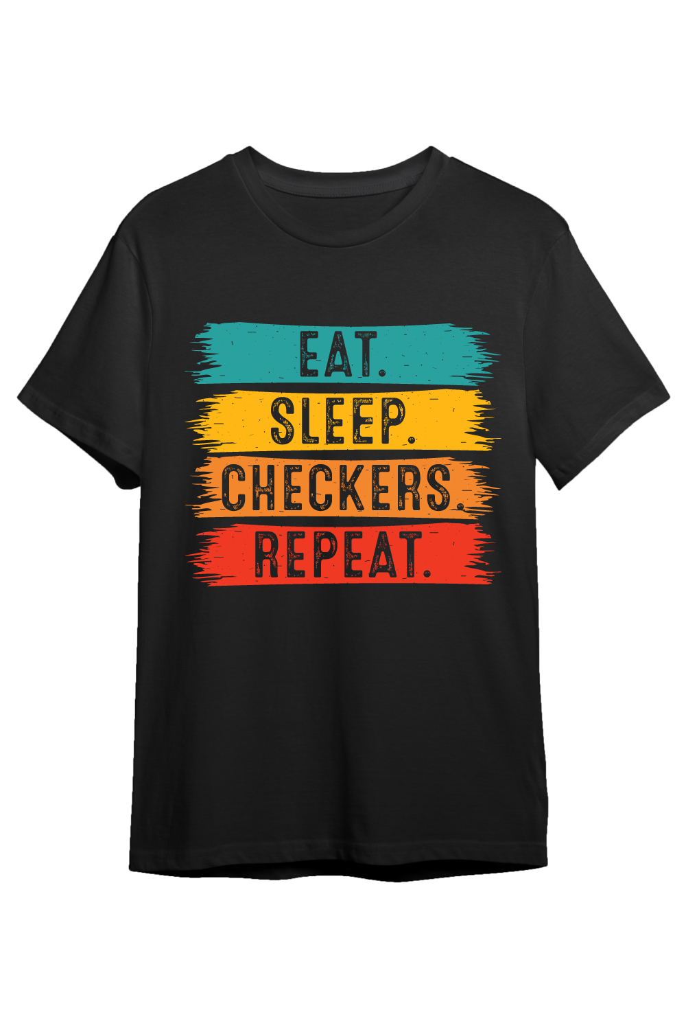 Eat Sleep Checkers Repeat typography indoor game design for t-shirts, cards, frame artwork, phone cases, bags, mugs, stickers, tumblers, print, etc pinterest preview image.