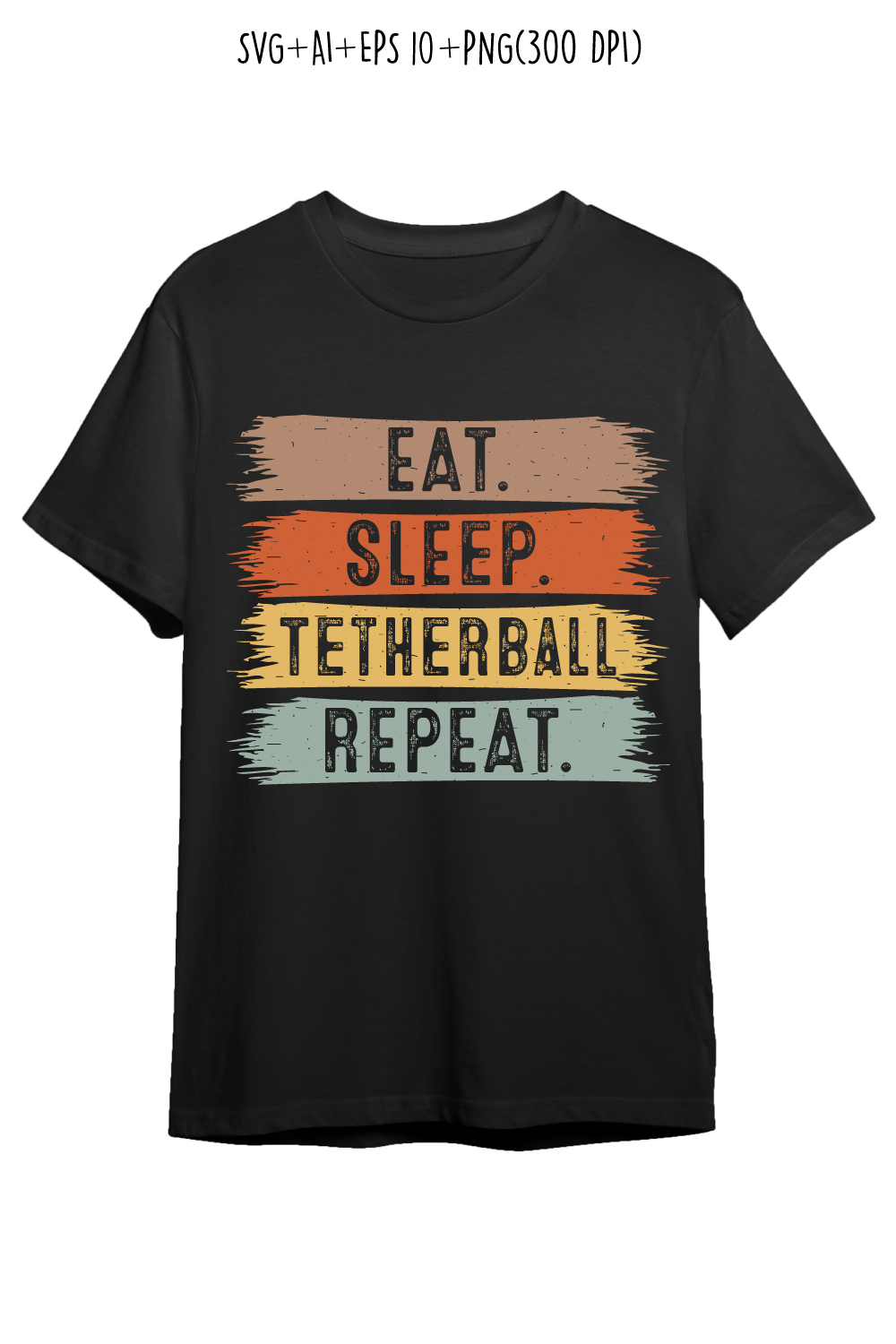 Eat Sleep Tetherball Repeat typography outdoor game design for t-shirts, cards, frame artwork, phone cases, bags, mugs, stickers, tumblers, print, etc pinterest preview image.