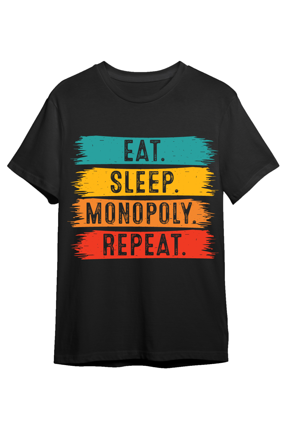 Eat Sleep Monopoly Repeat typography indoor game design for t-shirts, cards, frame artwork, phone cases, bags, mugs, stickers, tumblers, print, etc pinterest preview image.