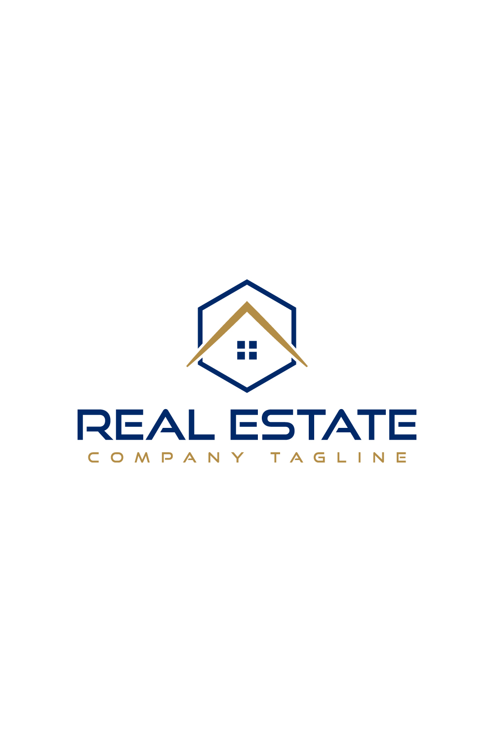 Real estate logo with golden, dark blue color pinterest preview image.