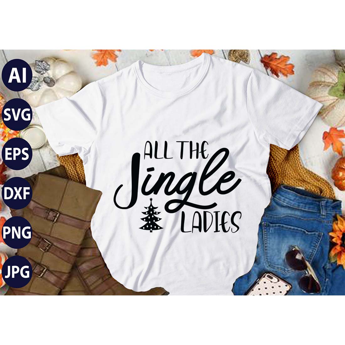 All The Jingle Ladies, SVG T-Shirt Design |Christmas Retro It's All About Jesus Typography Tshirt Design | Ai, Svg, Eps, Dxf, Jpeg, Png, Instant download T-Shirt | 100% print-ready Digital vector file preview image.