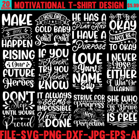 Motivational T-shirt Design Bundle cover image.