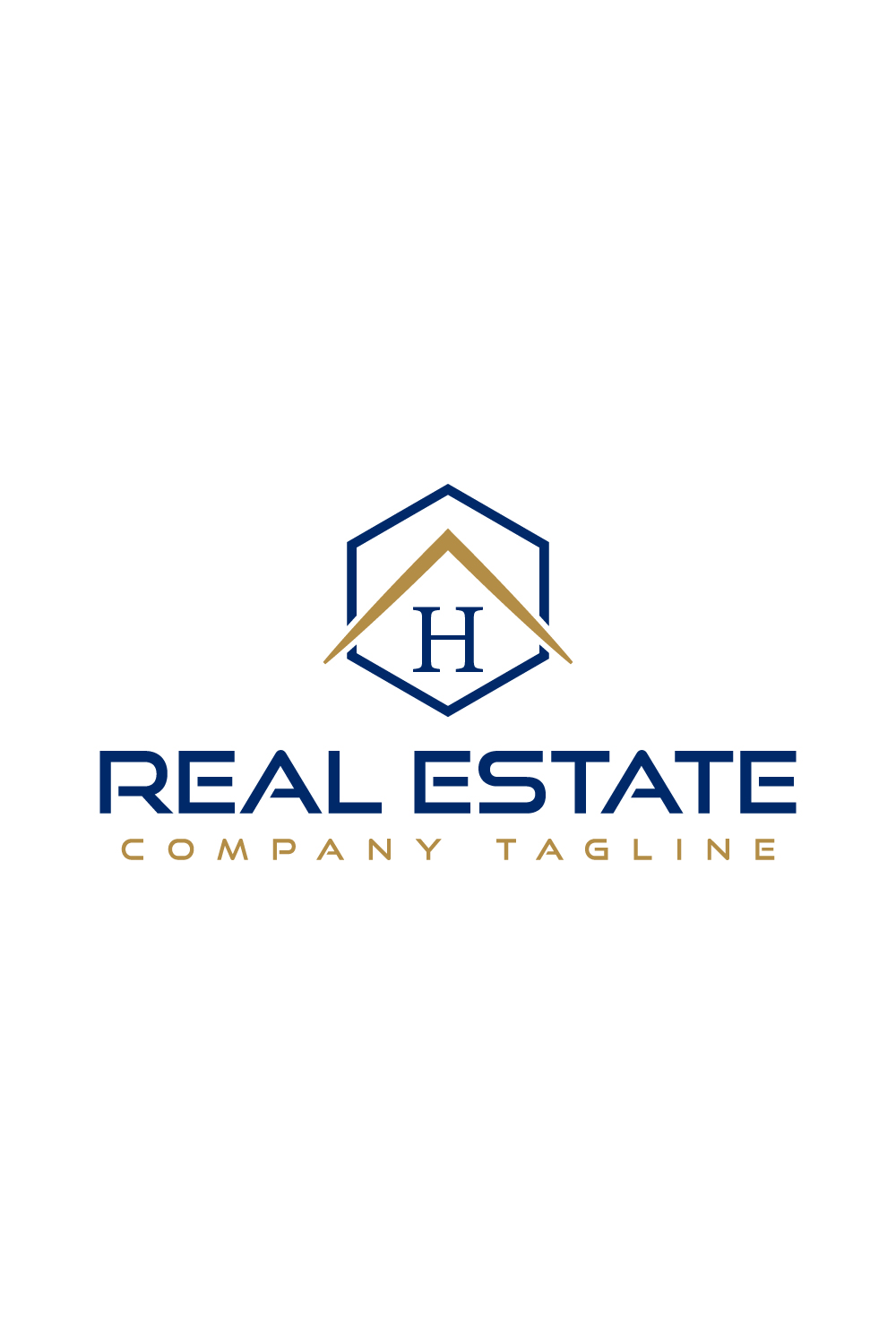 Real estate logo with golden, dark blue color and letter H pinterest preview image.