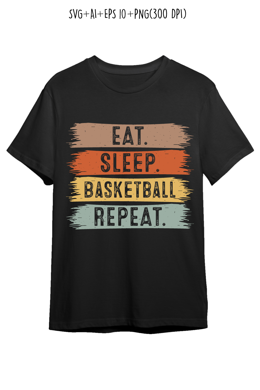 Eat Sleep Basketball Repeat typography outdoor game design for t-shirts, cards, frame artwork, phone cases, bags, mugs, stickers, tumblers, print, etc pinterest preview image.