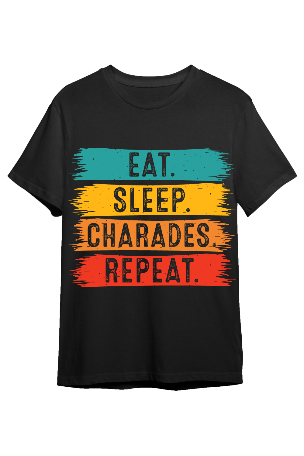 Eat Sleep Charades Repeat typography indoor game design for t-shirts, cards, frame artwork, phone cases, bags, mugs, stickers, tumblers, print, etc pinterest preview image.