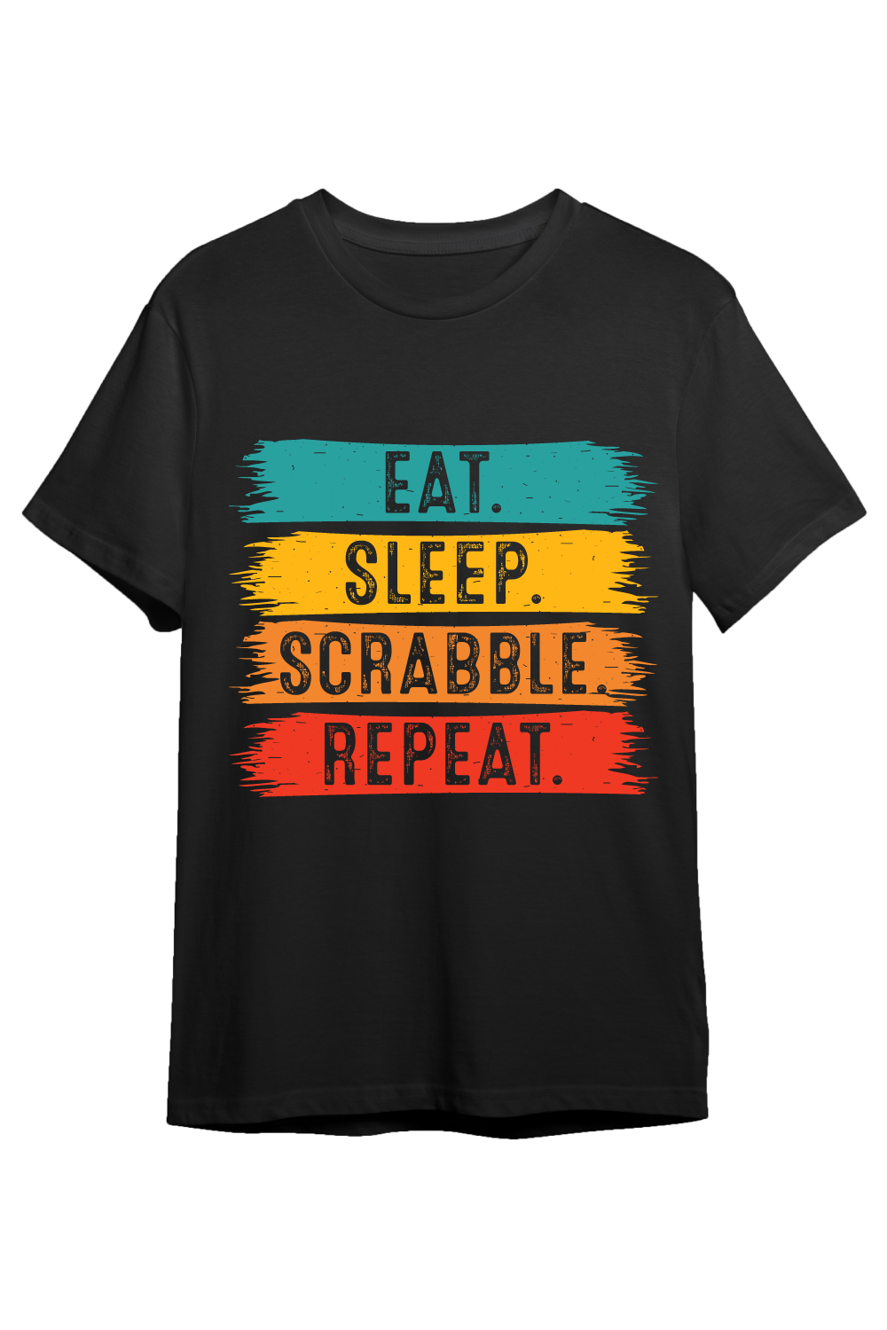 Eat Sleep Scrabble Repeat typography indoor game design for t-shirts, cards, frame artwork, phone cases, bags, mugs, stickers, tumblers, print, etc pinterest preview image.