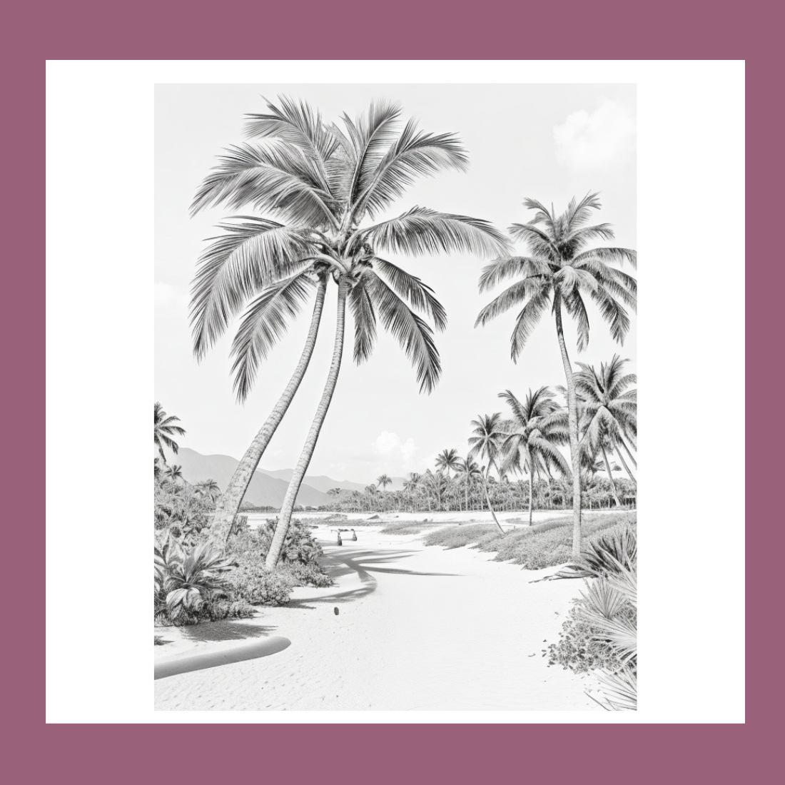 A tropical island with palm trees and a beach coloring page bundle preview image.