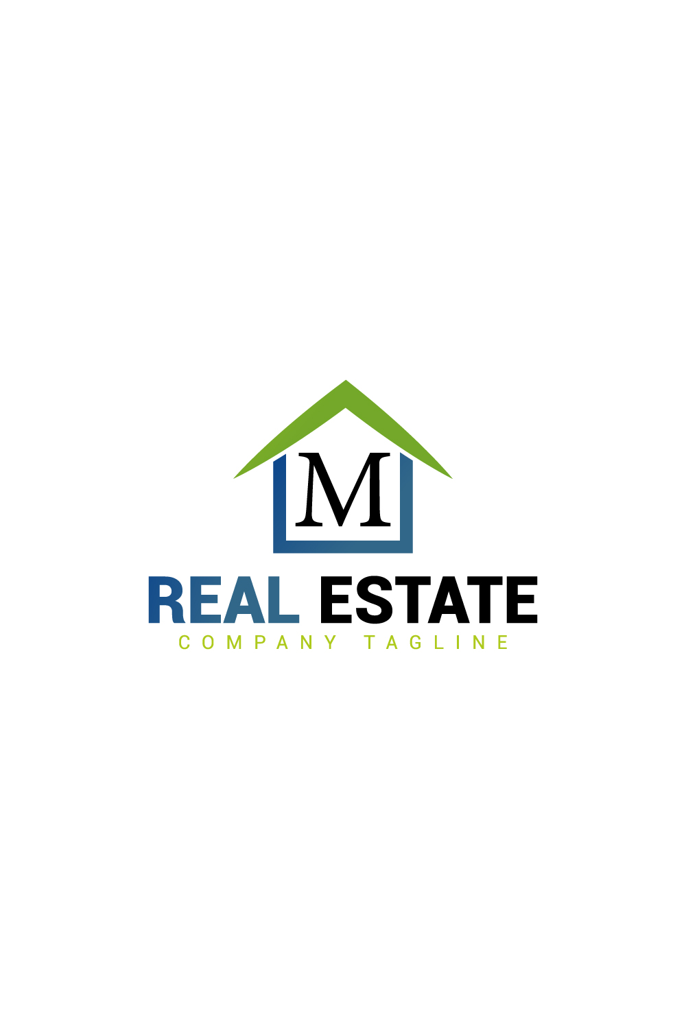 Real estate logo with green, dark blue color and M letter pinterest preview image.