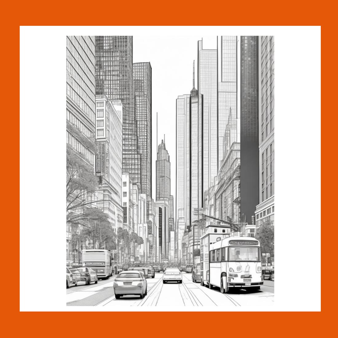 A cityscape with skyscrapers and a busy street scene coloring page 1 preview image.
