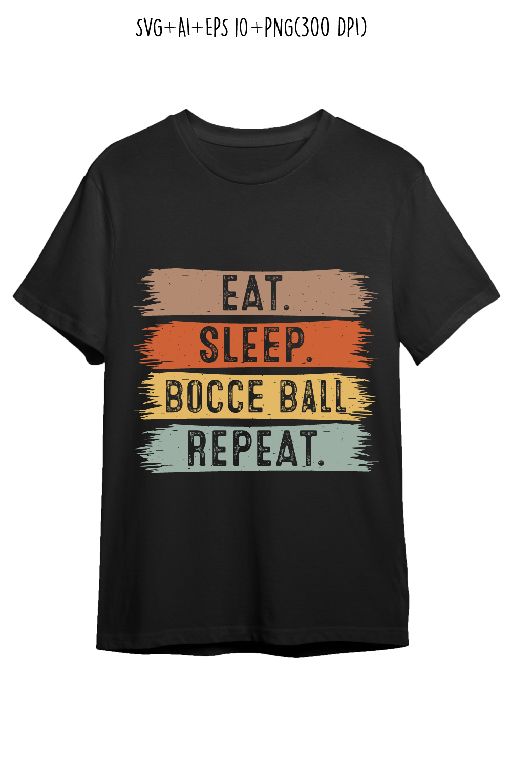 Eat Sleep Bocce Ball Repeat typography outdoor game design for t-shirts, cards, frame artwork, phone cases, bags, mugs, stickers, tumblers, print, etc pinterest preview image.