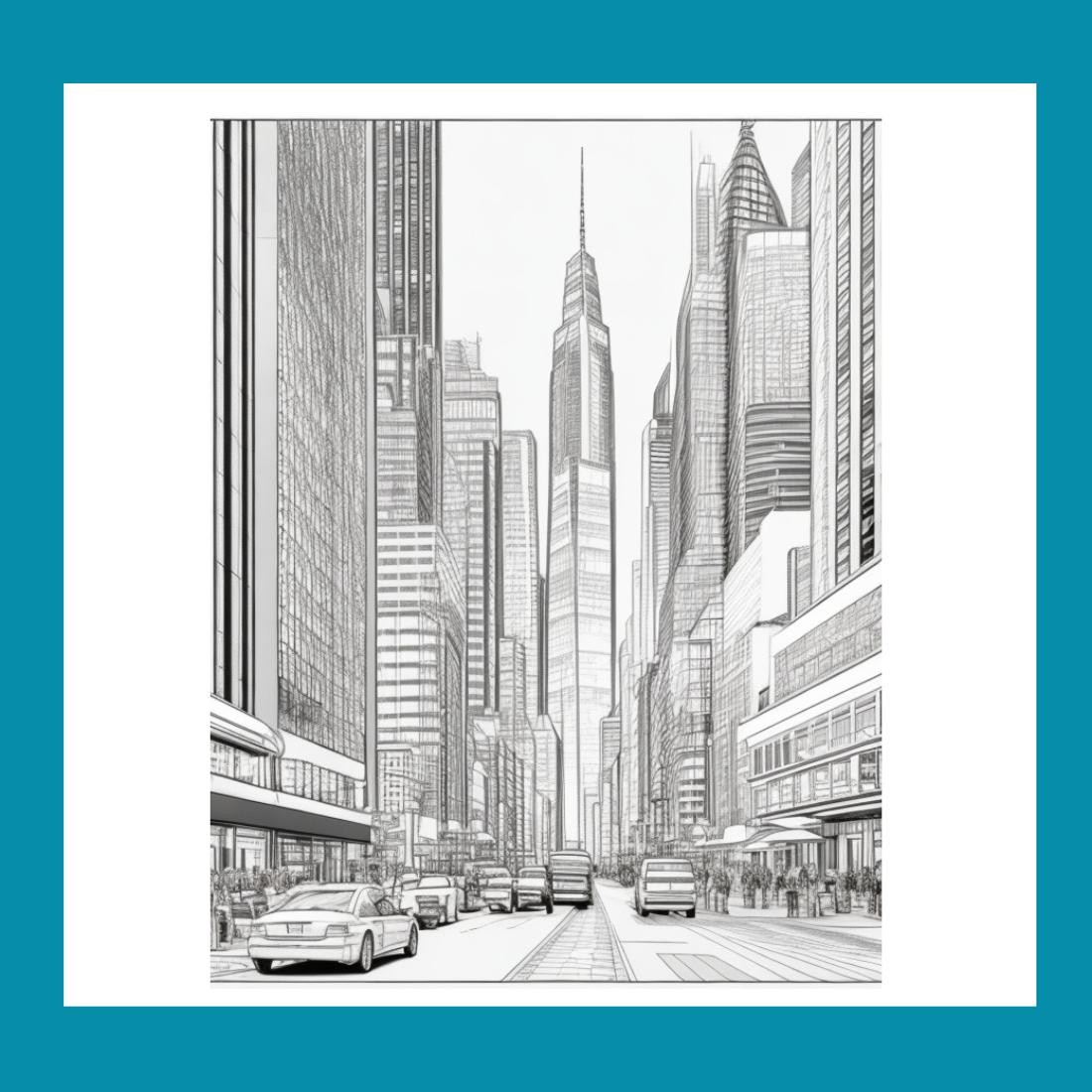 A cityscape with skyscrapers and a busy street scene coloring 3 preview image.
