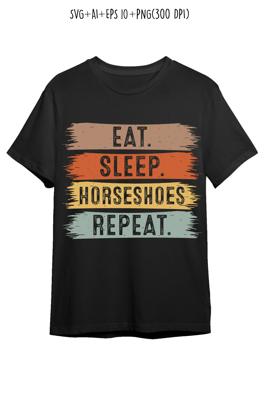 Eat Sleep Horseshoes Repeat typography outdoor game design for t-shirts, cards, frame artwork, phone cases, bags, mugs, stickers, tumblers, print, etc pinterest preview image.