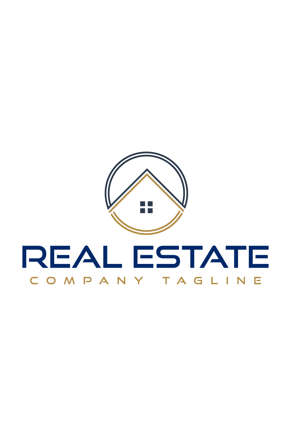 Real estate logo with golden, dark blue color pinterest preview image.