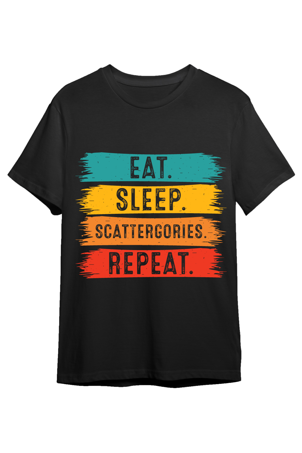 Eat Sleep Scattergories Repeat typography indoor game design for t-shirts, cards, frame artwork, phone cases, bags, mugs, stickers, tumblers, print, etc pinterest preview image.