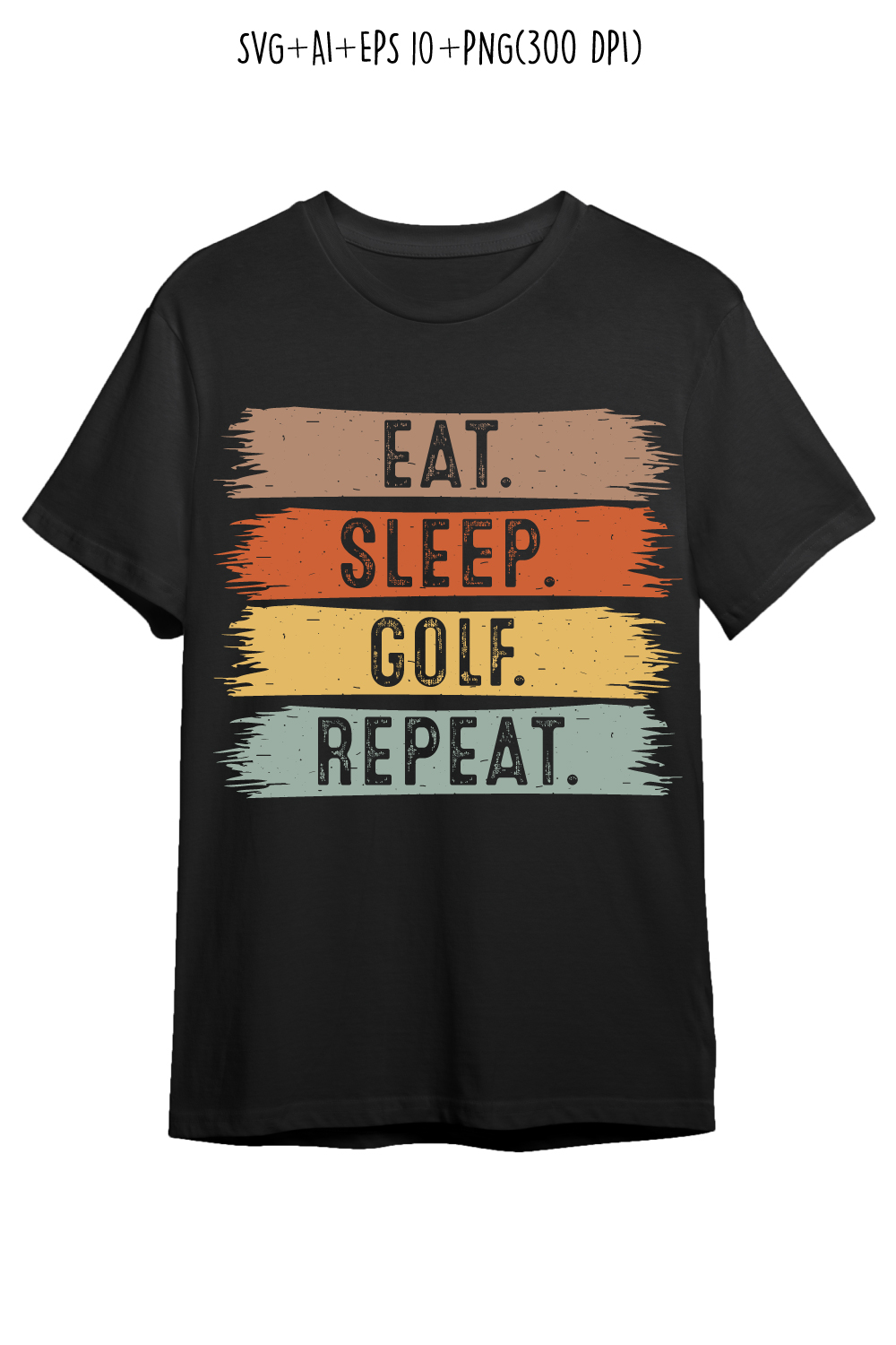 Eat Sleep Golf Repeat typography outdoor game design for t-shirts, cards, frame artwork, phone cases, bags, mugs, stickers, tumblers, print, etc pinterest preview image.