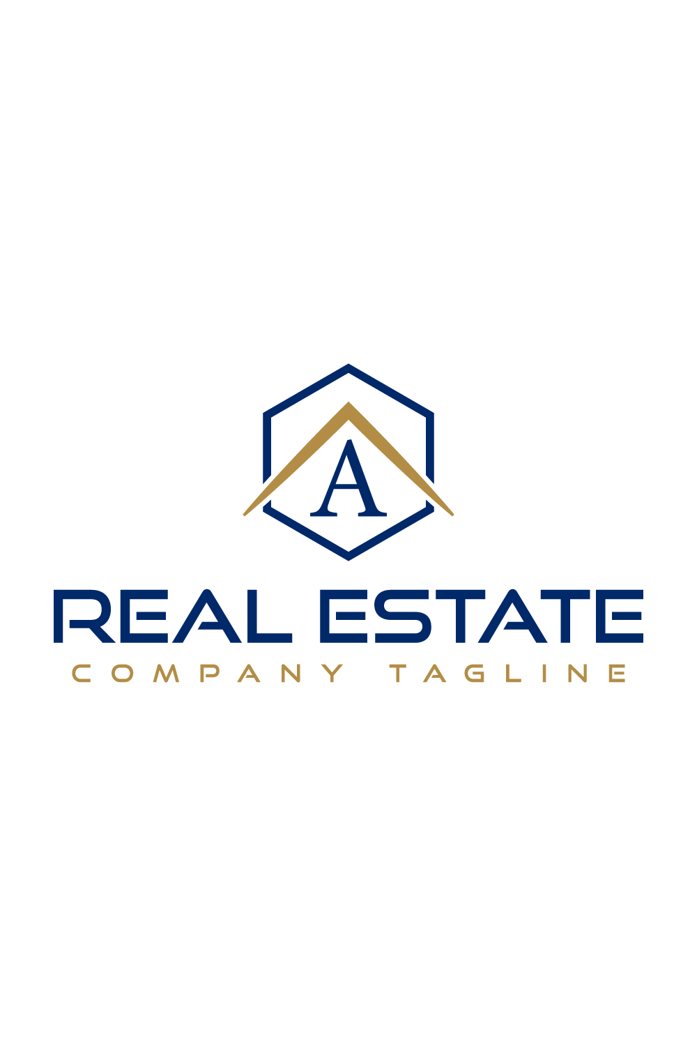 Real estate logo with golden, dark blue color and letter A pinterest preview image.