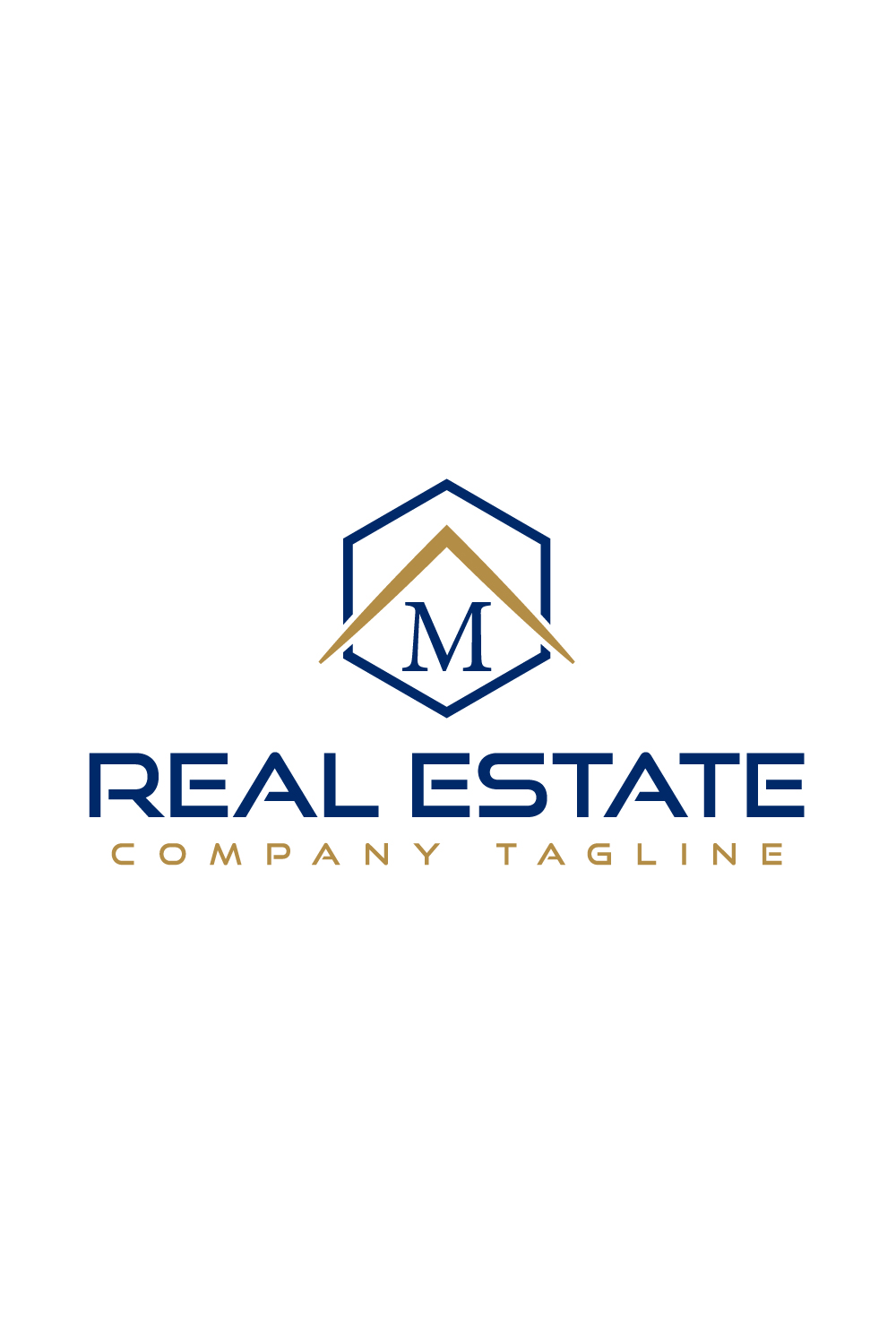 Real estate logo with golden, dark blue color and letter M pinterest preview image.