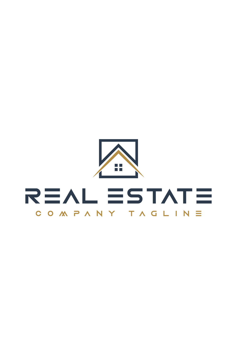 Real estate logo with golden, dark blue color pinterest preview image.