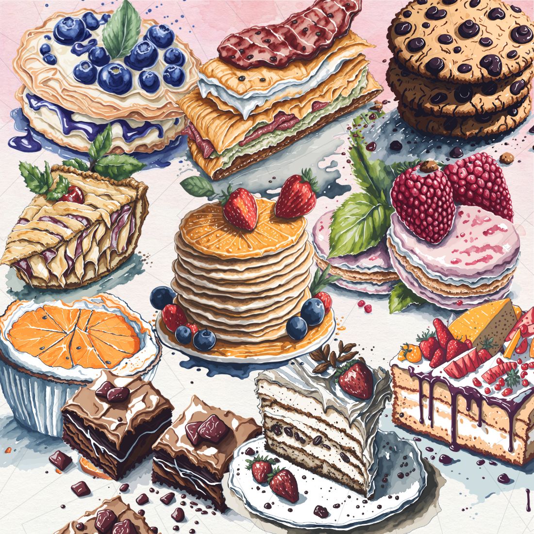 Watercolor Bakery Food Sublimation Clipart preview image.