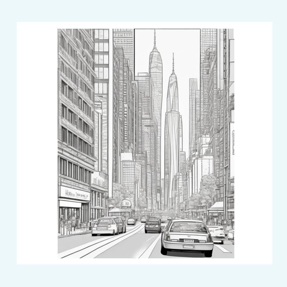 A cityscape with skyscrapers and a busy street scene coloring page 4 preview image.