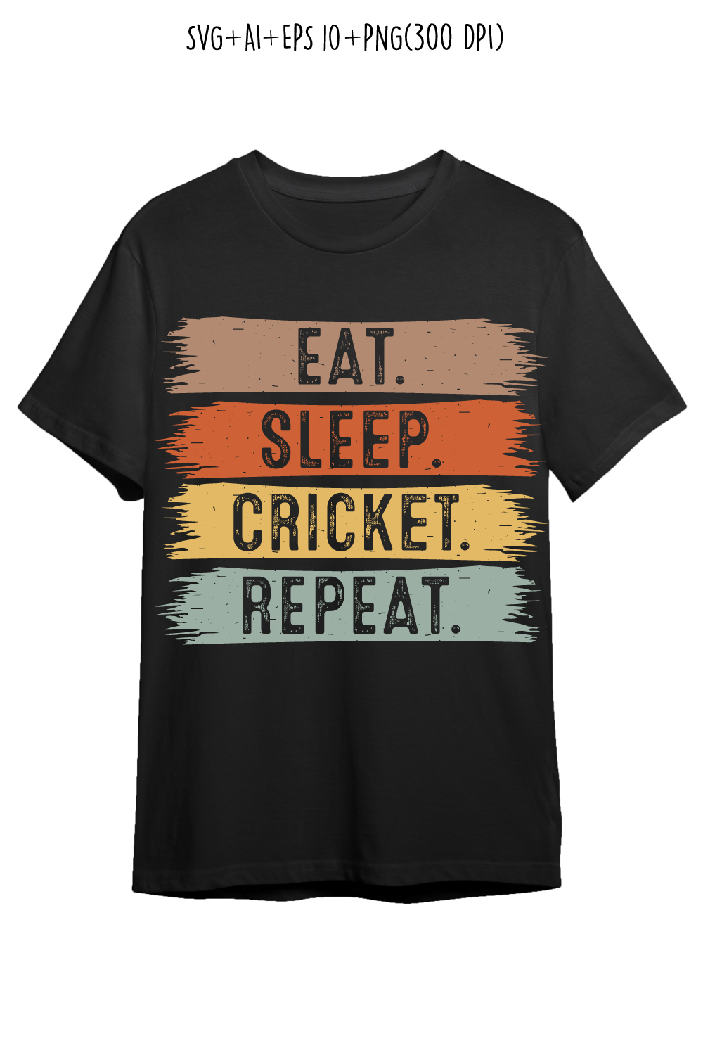 Eat Sleep Cricket Repeat typography outdoor game design for t-shirts, cards, frame artwork, phone cases, bags, mugs, stickers, tumblers, print, etc pinterest preview image.