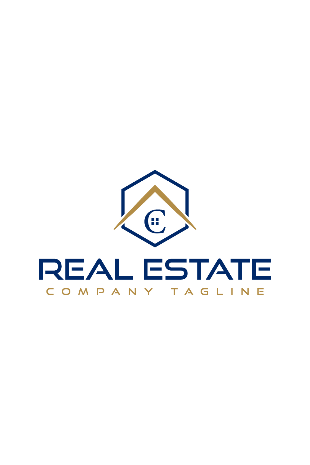 Real estate logo with golden, dark blue color and letter C pinterest preview image.