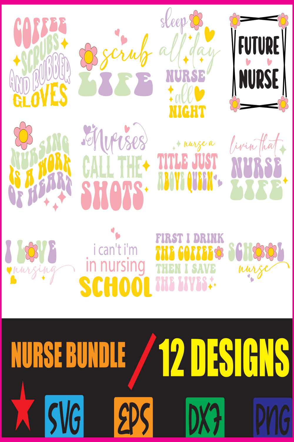 12 Retro Nurse Svg Bundle pinterest preview image.