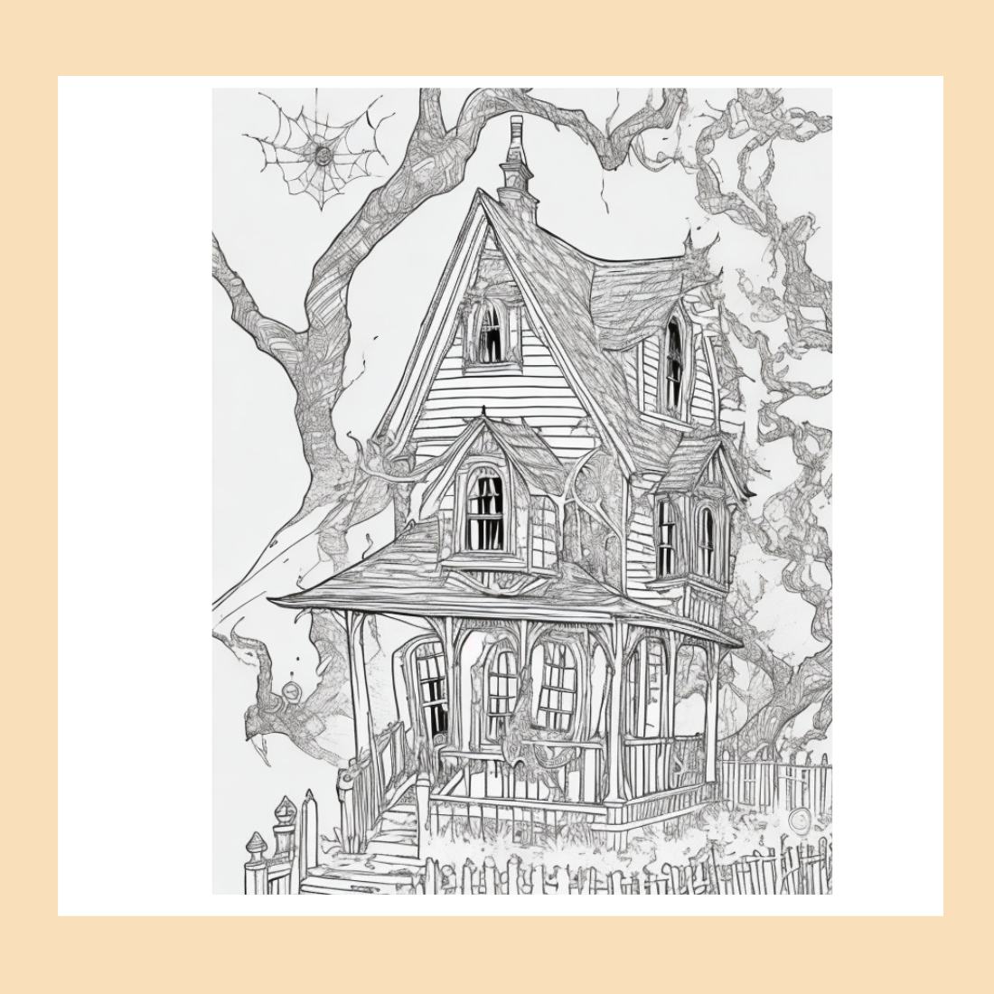 A haunted house with ghosts and cobwebs coloring page for adult 4 preview image.