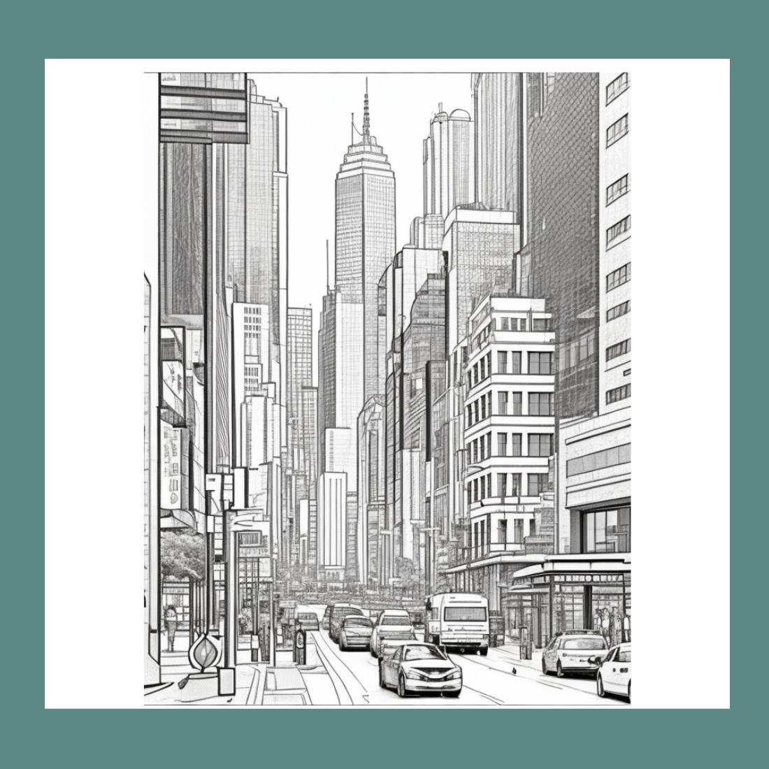 A cityscape with skyscrapers and a busy street scene coloring page 6 preview image.