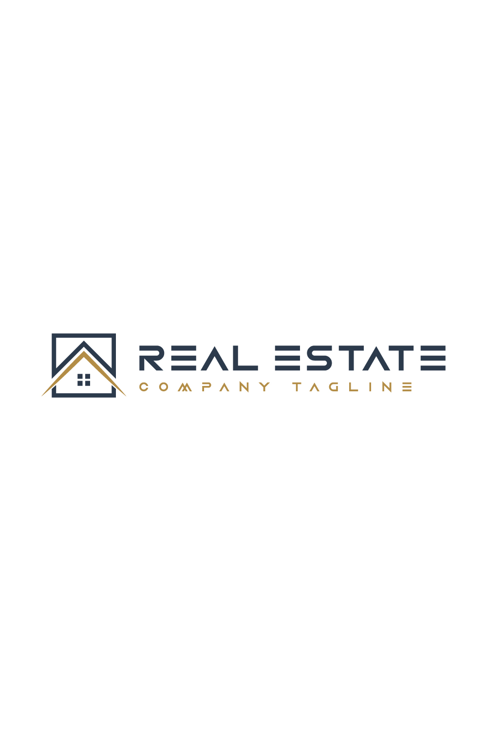 Real estate logo with golden, dark blue color pinterest preview image.