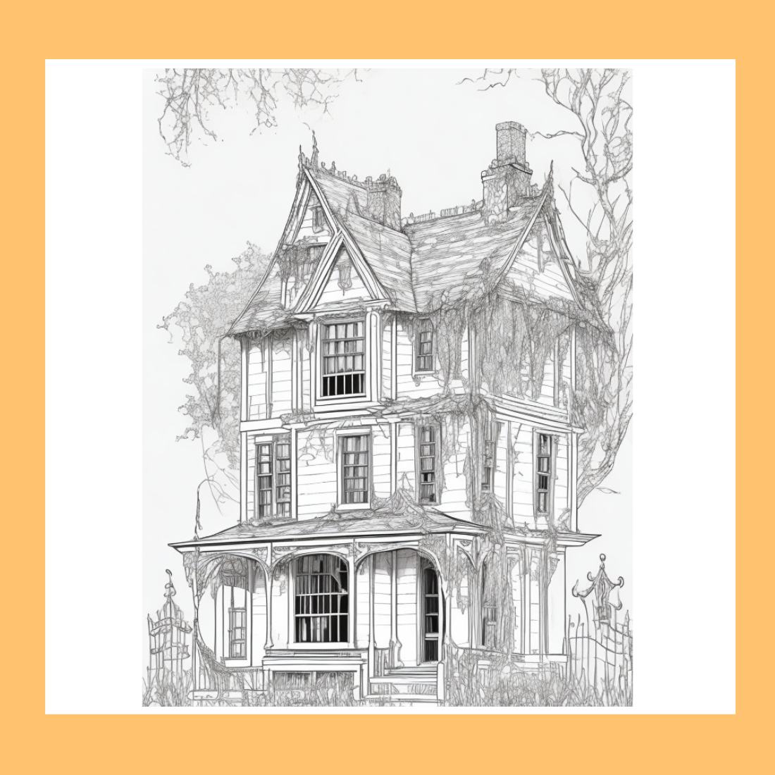 A haunted house with ghosts and cobwebs coloring page for adult 5 preview image.