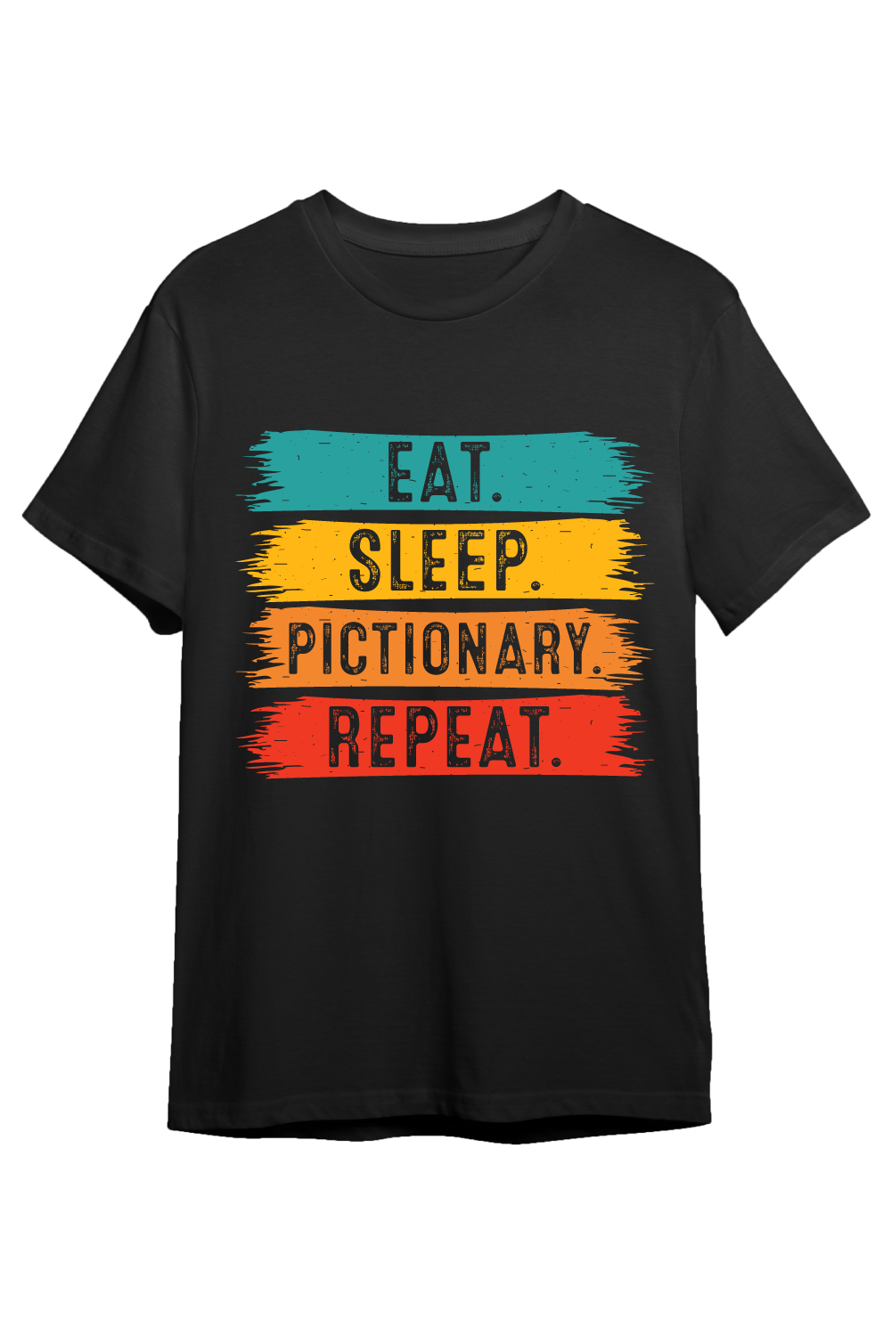 Eat Sleep Pictionary Repeat typography indoor game design for t-shirts, cards, frame artwork, phone cases, bags, mugs, stickers, tumblers, print, etc pinterest preview image.