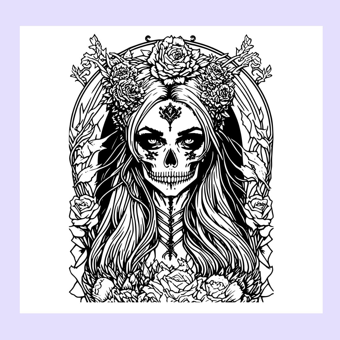 A Gothic girl with a skull and roses headdress horror and creepy, coloring pages bundle for adults preview image.