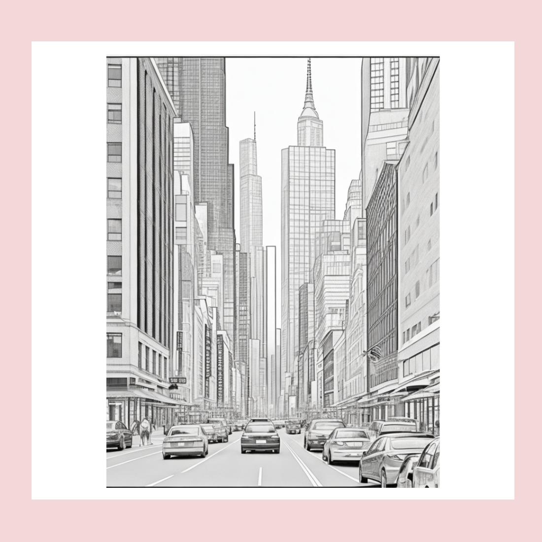 A cityscape with skyscrapers and a busy street scene coloring page 5 preview image.