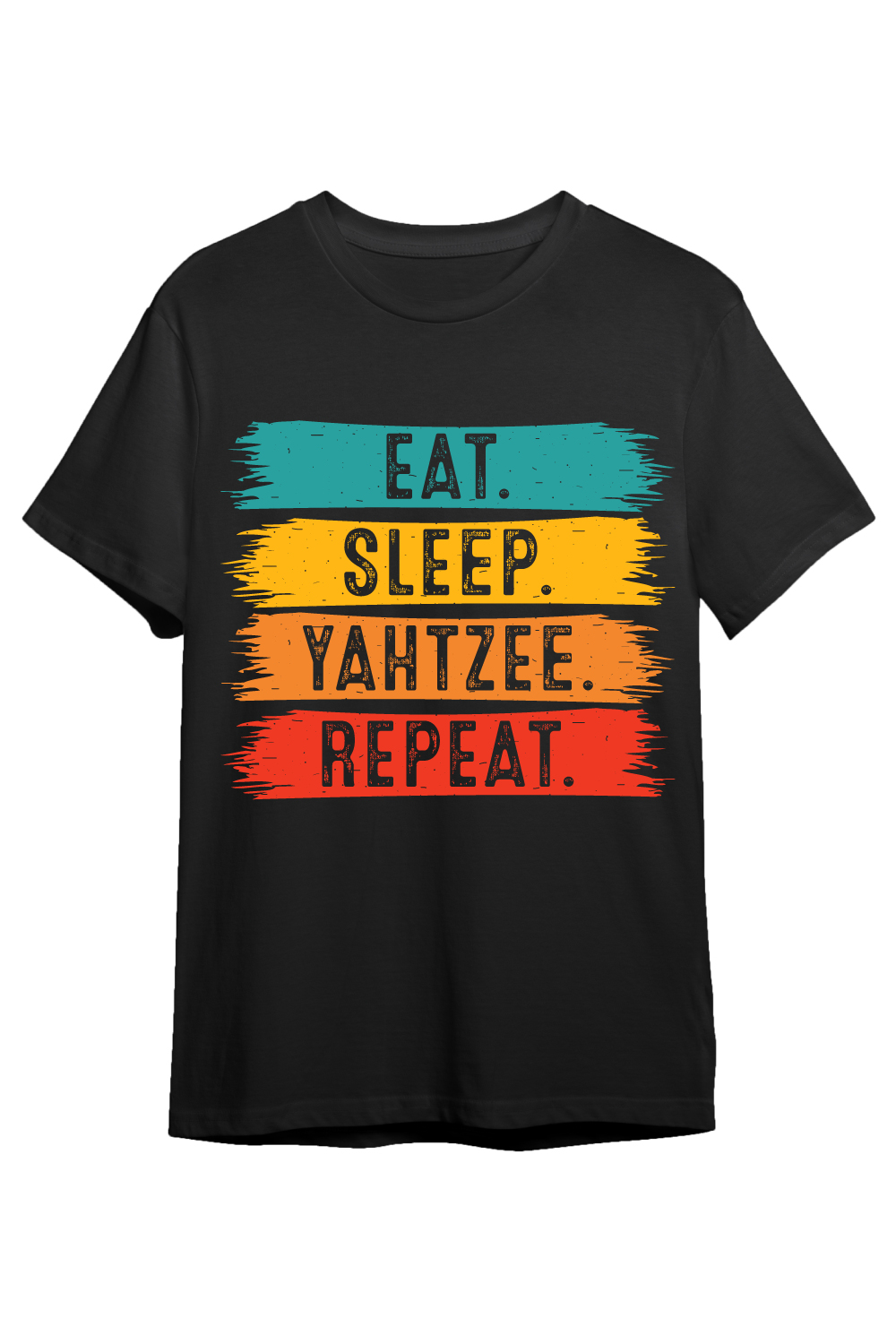 Eat Sleep Yahtzee Repeat typography indoor game design for t-shirts, cards, frame artwork, phone cases, bags, mugs, stickers, tumblers, print, etc pinterest preview image.