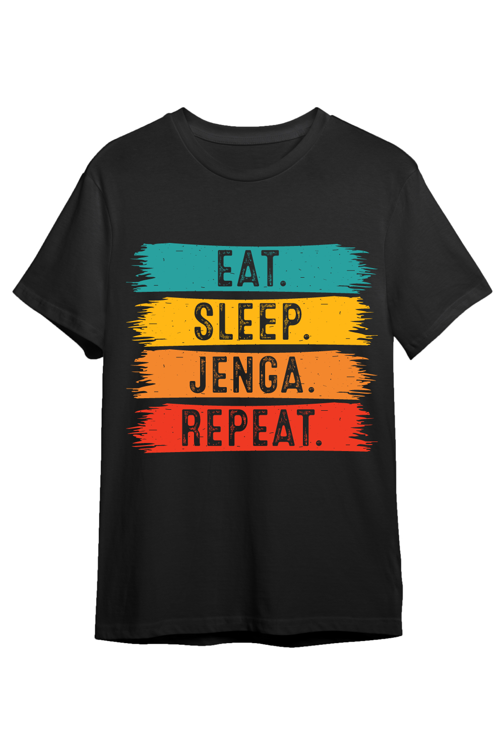 Eat Sleep Jenga Repeat typography indoor game design for t-shirts, cards, frame artwork, phone cases, bags, mugs, stickers, tumblers, print, etc pinterest preview image.