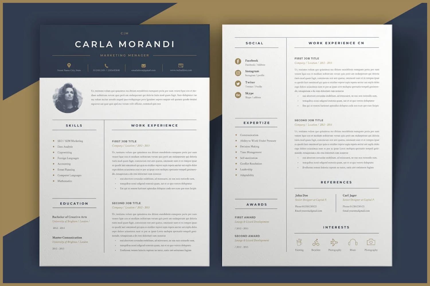 Two page resume with blue header, photo and two columns.