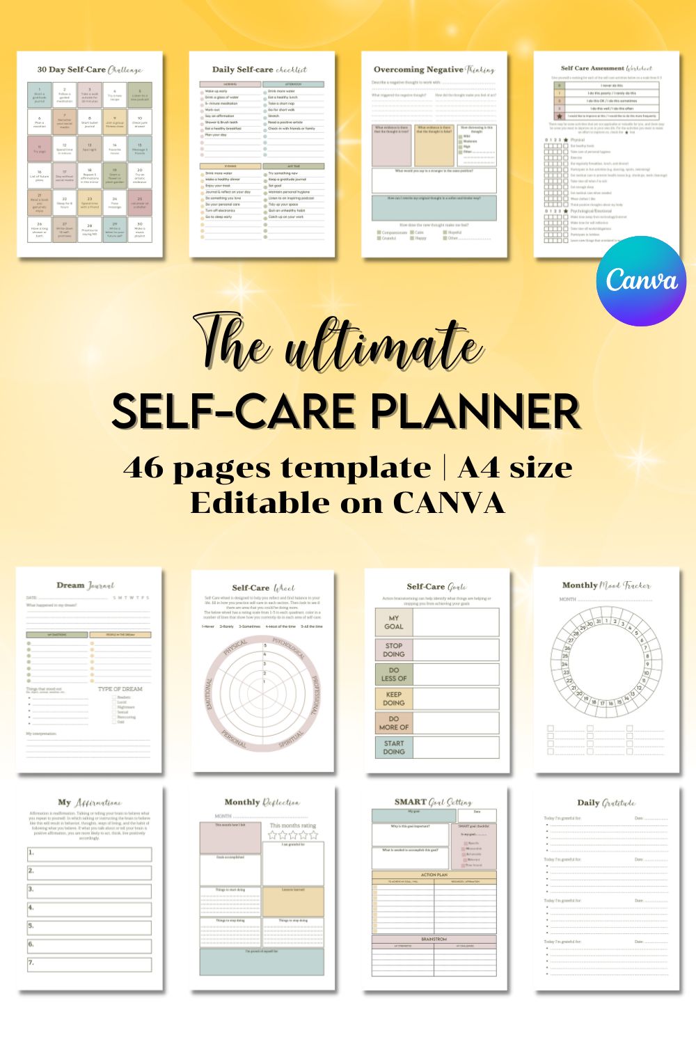 The Ultimate Self-Care Planner - Canva Templates pinterest preview image.
