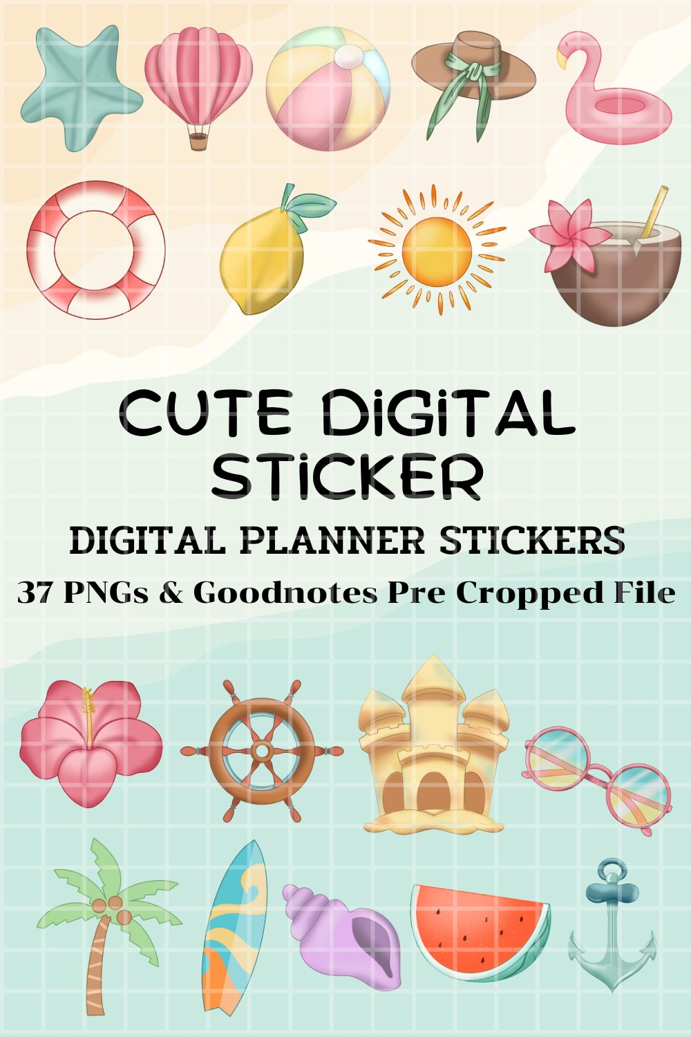 Summer Theme Digital Sticker Pack pinterest preview image.