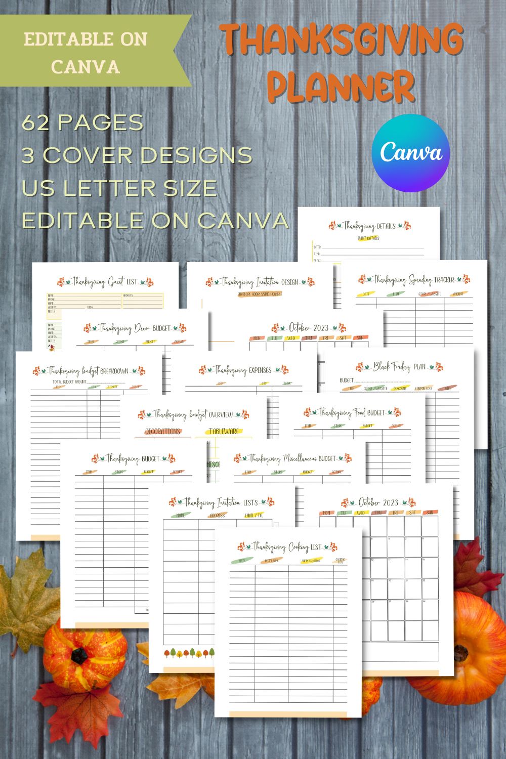 Thanksgiving Planner - Canva Template pinterest preview image.