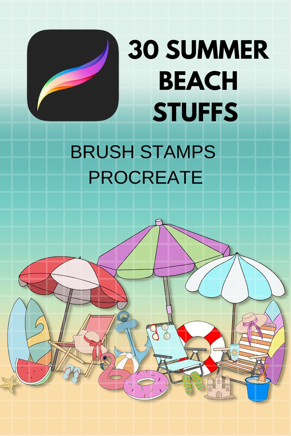 30 Summer Beach Stuff Procreate Stamps pinterest preview image.