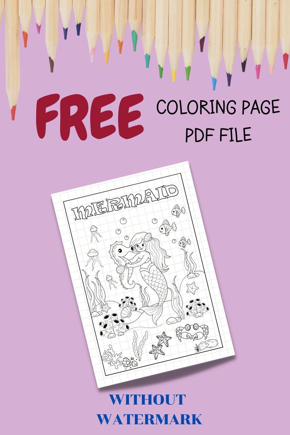 FREE MERMAID COLORING PAGE pinterest preview image.