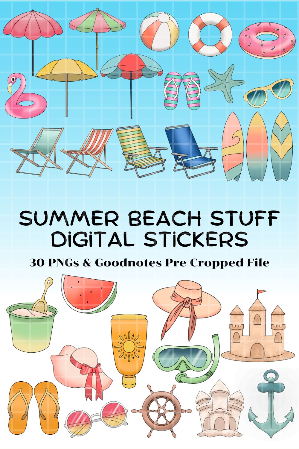 Summer Beach Stuff Digital Stickers - Goodnotes Pre Cropped file & PNG pinterest preview image.
