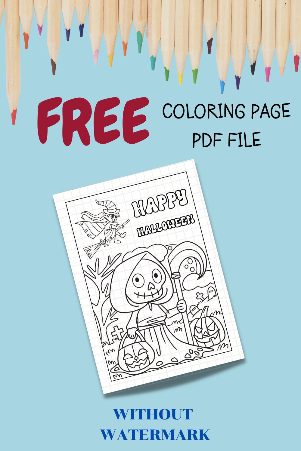 FREE HAPPY HALLOWEEN COLORING PAGE pinterest preview image.