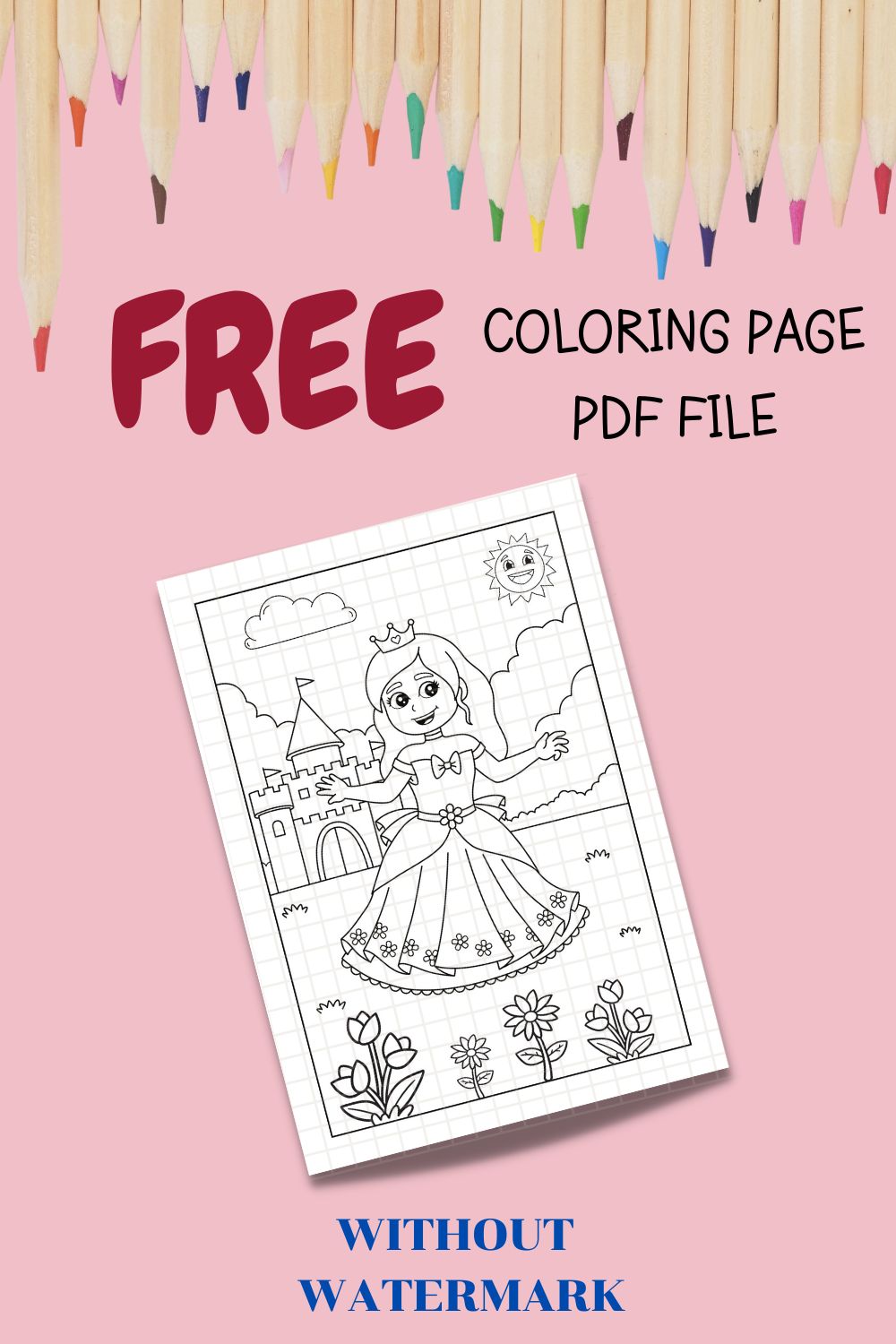 FREE PRINCESS COLORING PAGE pinterest preview image.