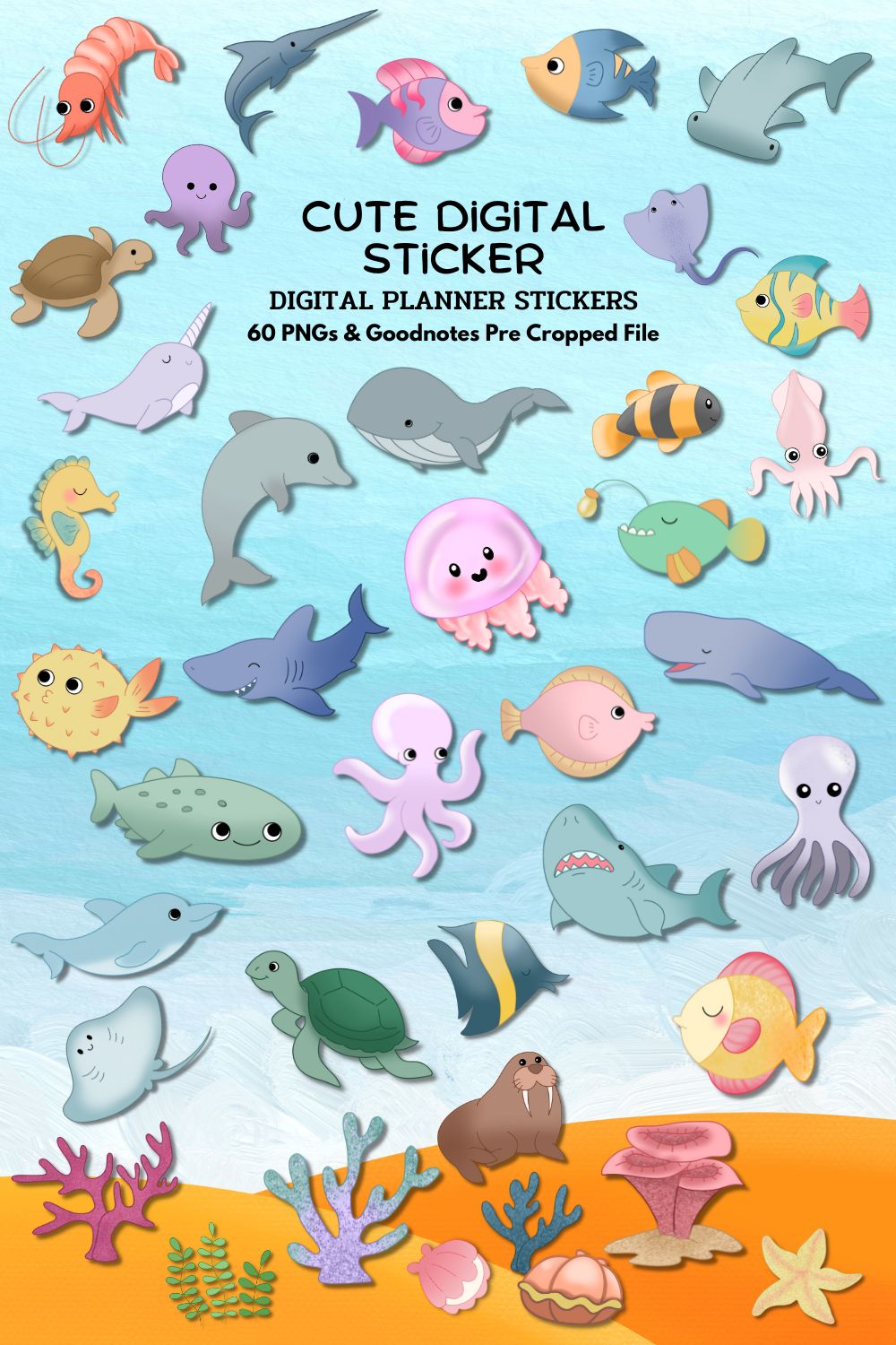 Underwater World Digital Sticker Pack - 60 PNG & Pre Cropped pinterest preview image.