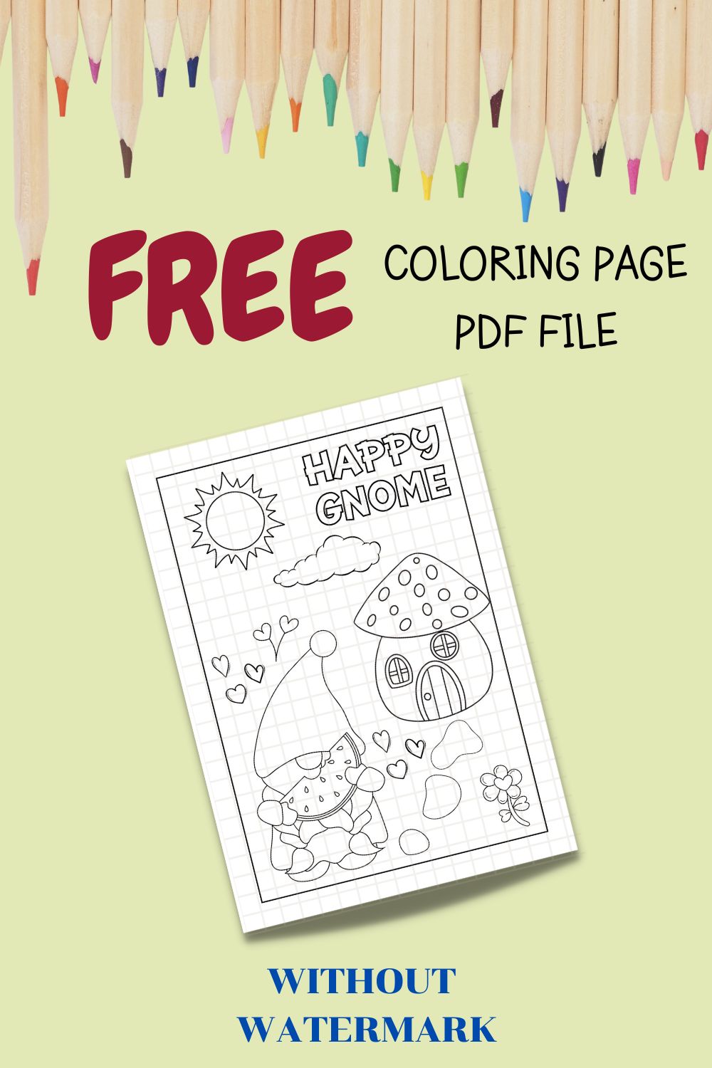 FREE HAPPY GNOME COLORING PAGE pinterest preview image.
