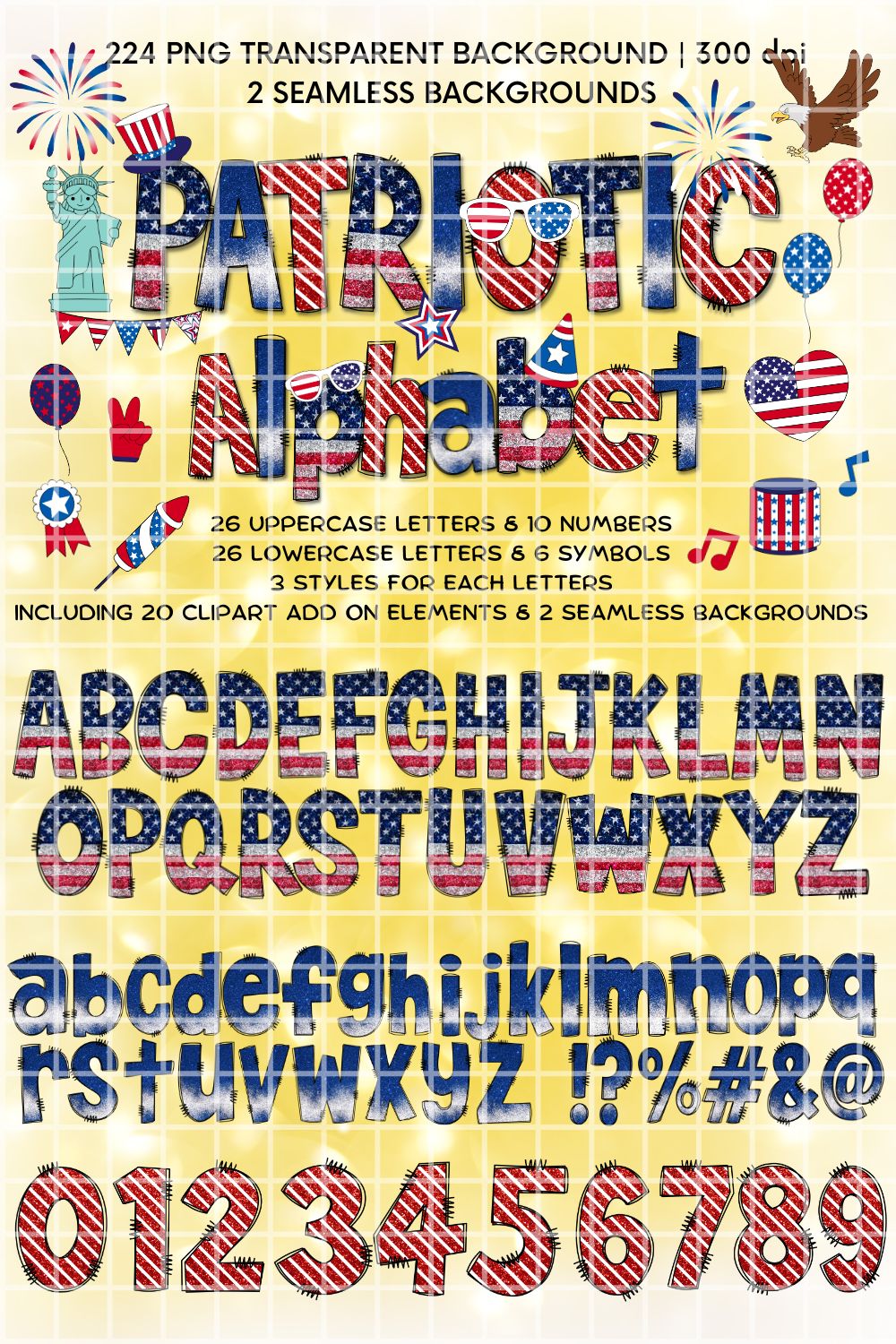 Patriotic Alphabets - 224 PNGs & 2 Seamless patterns pinterest preview image.