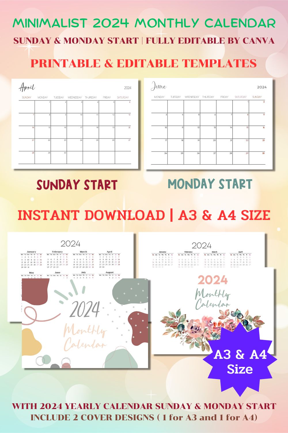 2024 Minimal Monthly Calendar Editable & Printable A3 & A4 pinterest preview image.