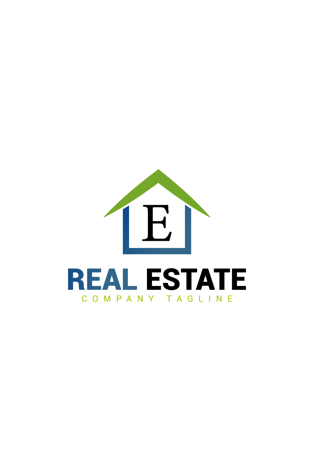 Real estate logo with green, dark blue color and E letter pinterest preview image.